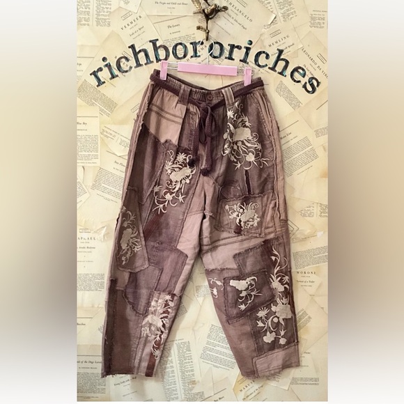 Free People We The Free Mystic Haze Embroidered Pants Floral Patched Brown - Picture 3 of 6